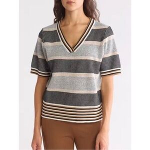 Adrianna Papell striped v-neck jacquard knit sweater top (large)